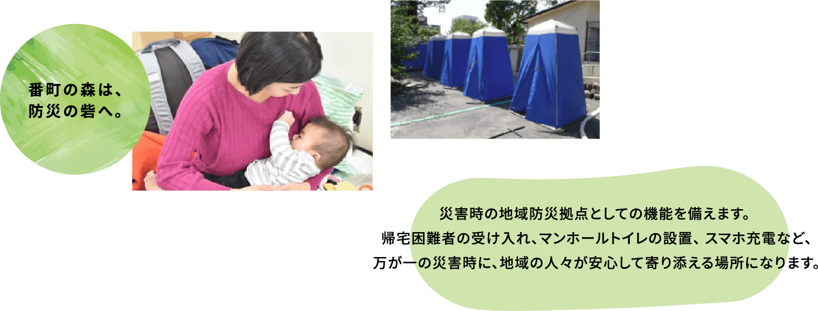 番町の森は、防災の砦へ。 災害時の地域防災拠点としての機能を備えます。帰宅困難者の受け入れ、マンホールトイレの設置、スマホ充電など、万が一の災害時に、地域の人々が安心して寄り添える場所になります。